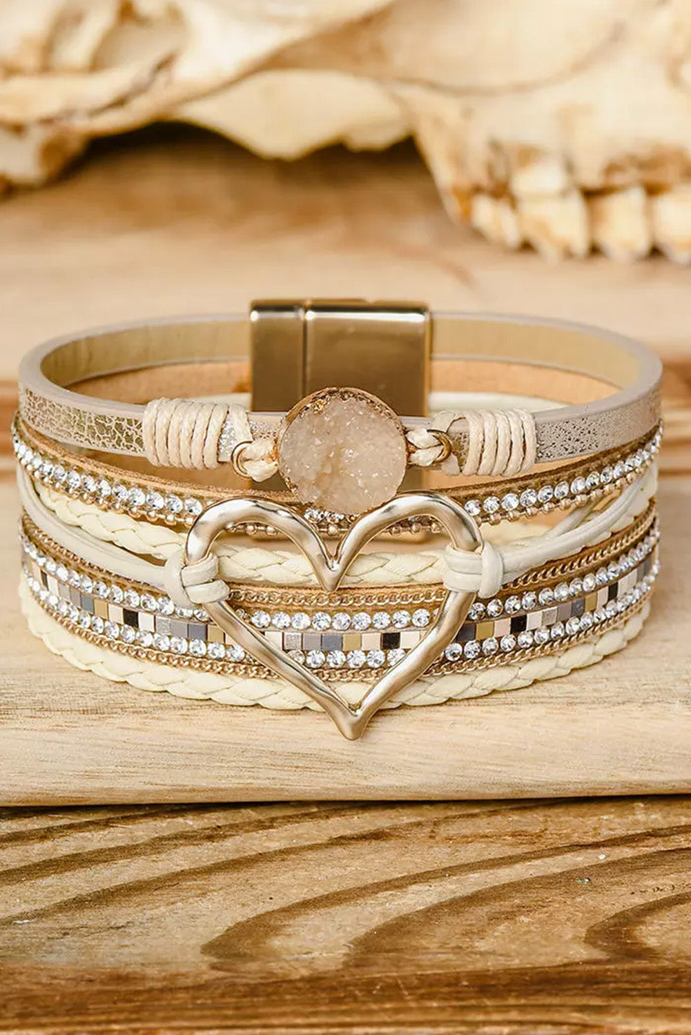 Beige Braided Heart Rhinestone Magnetic Buckle Multi Layered Bracelet
