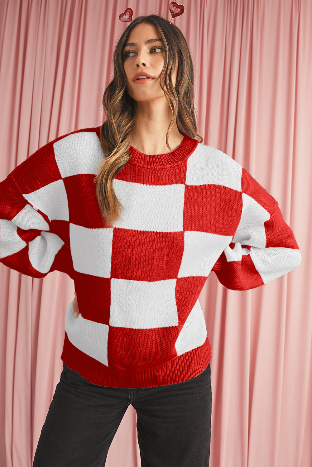 Fiery Red Plaid Bishop Sleeve Pullover Sweater