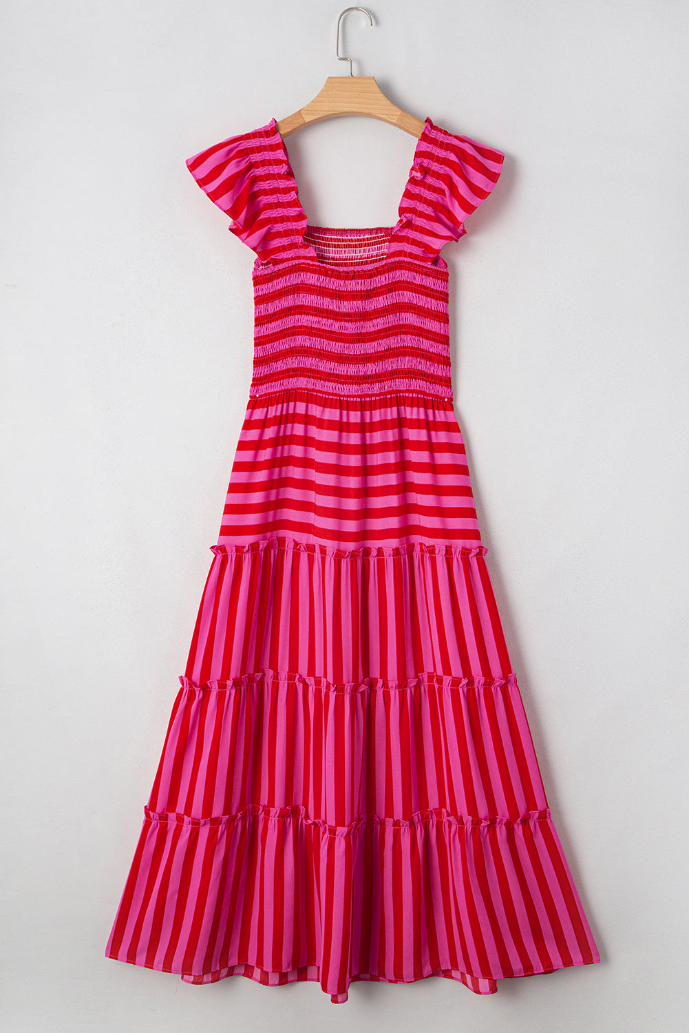 Rose Stripe Ruffle Strap Shirred Bodice Tiered Maxi Dress