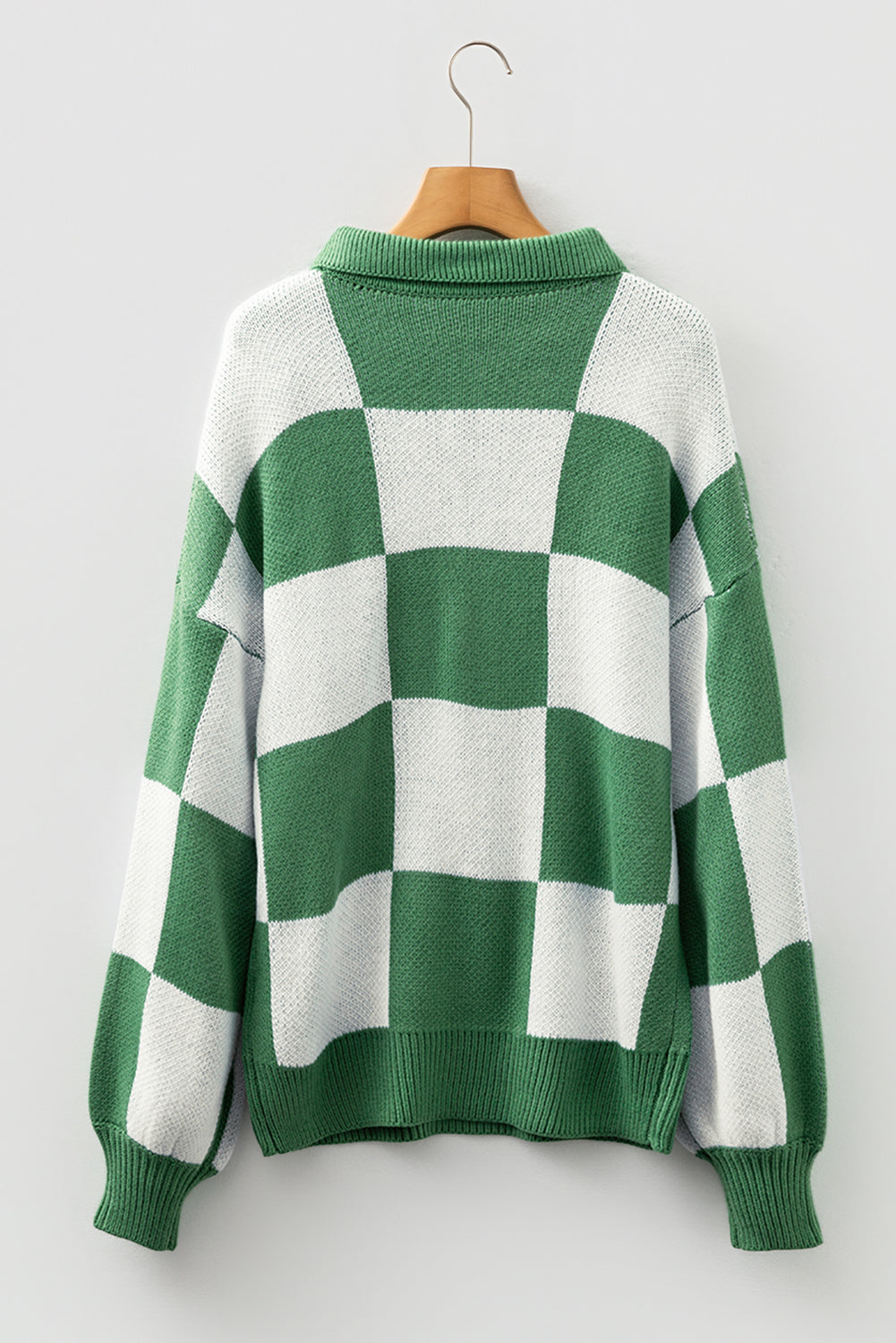 Mist Green Checkered V-Neck Collared Pullover Sweater