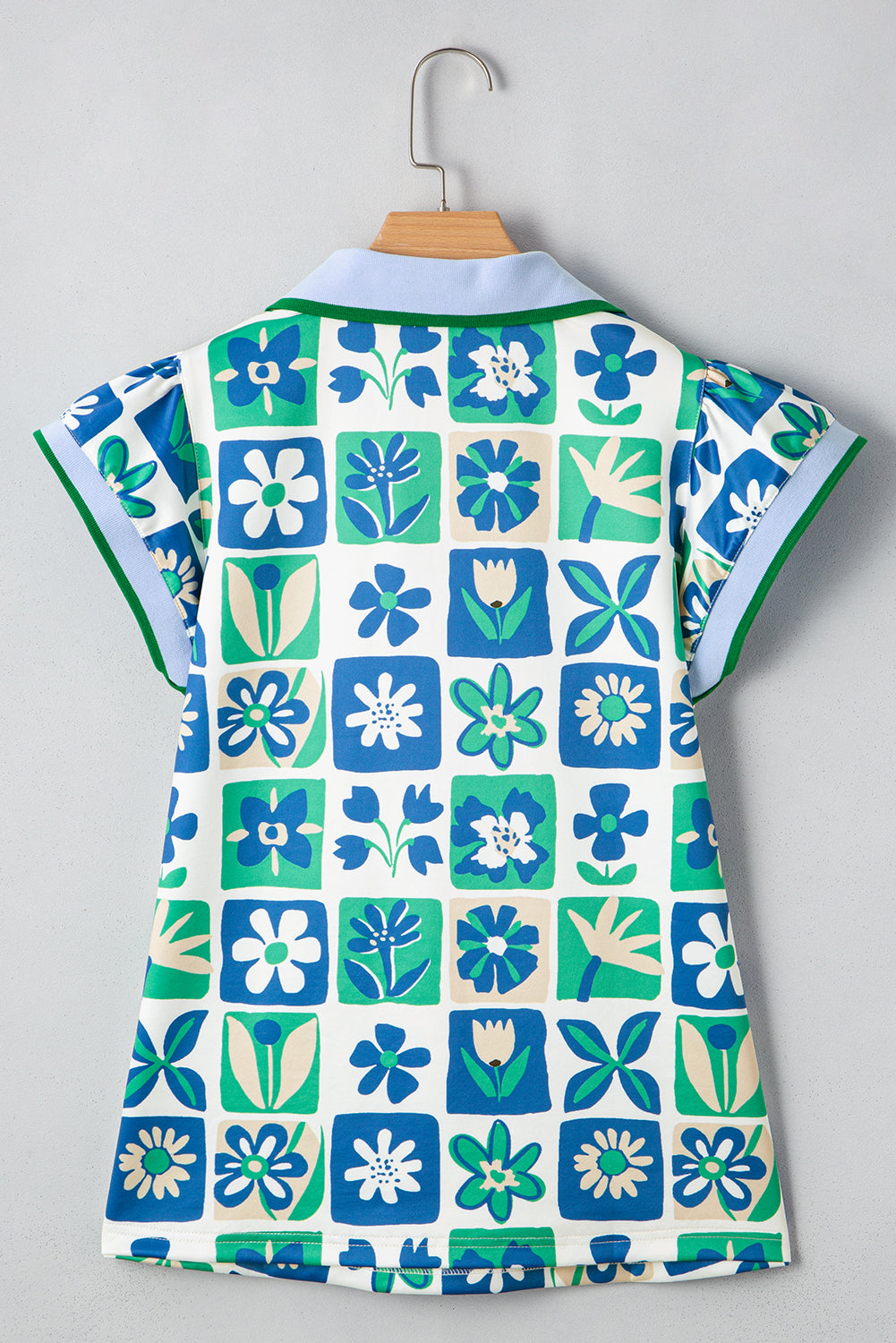 Green Floral Plaid Colorblock Flutter Sleeve Blouse