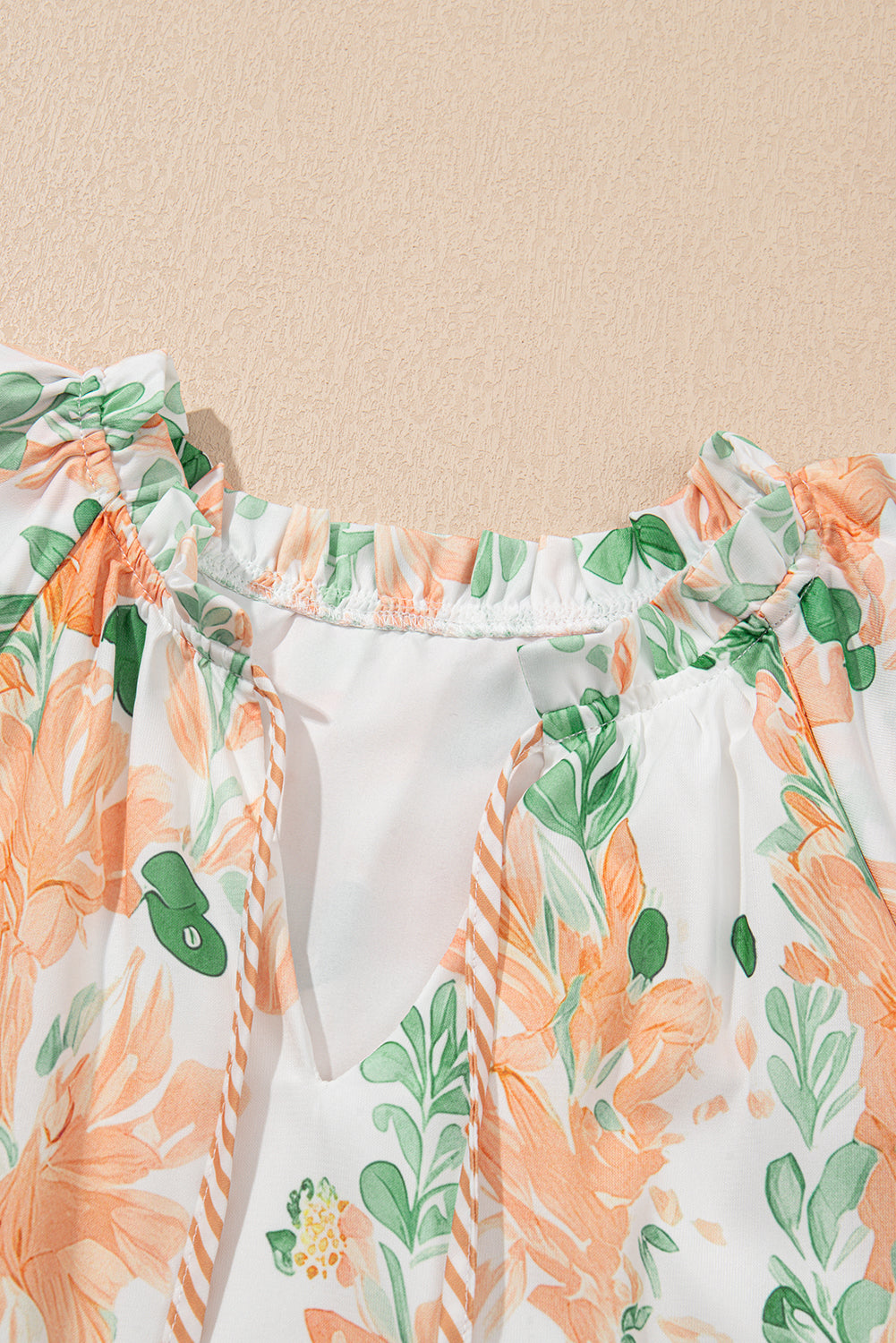 Orange Floral Contrast Edge Ruffle Sleeve Tie Neck Mini Dress