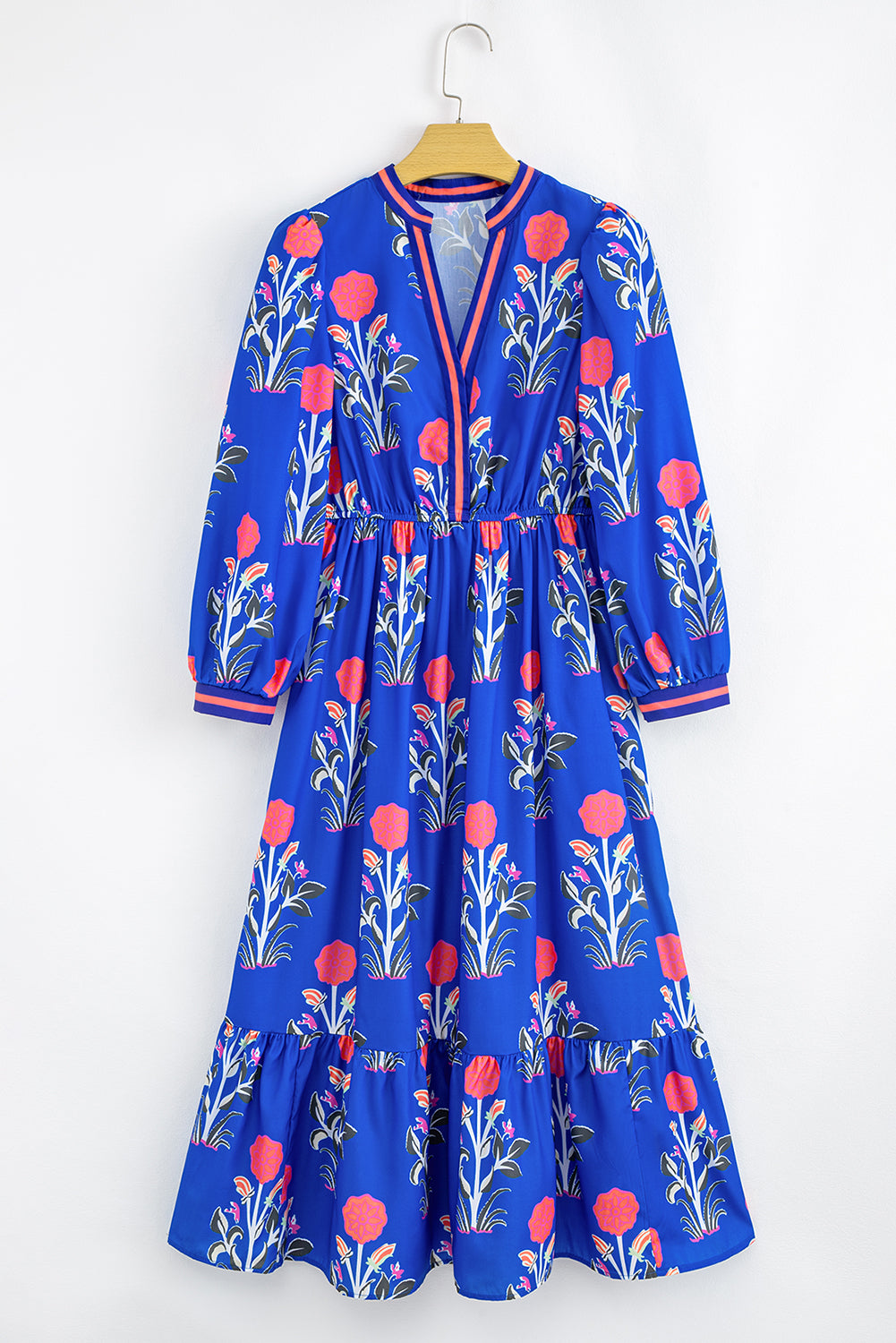 Blue Floral Print Pop of Color Neckline Long Sleeve Midi Dress
