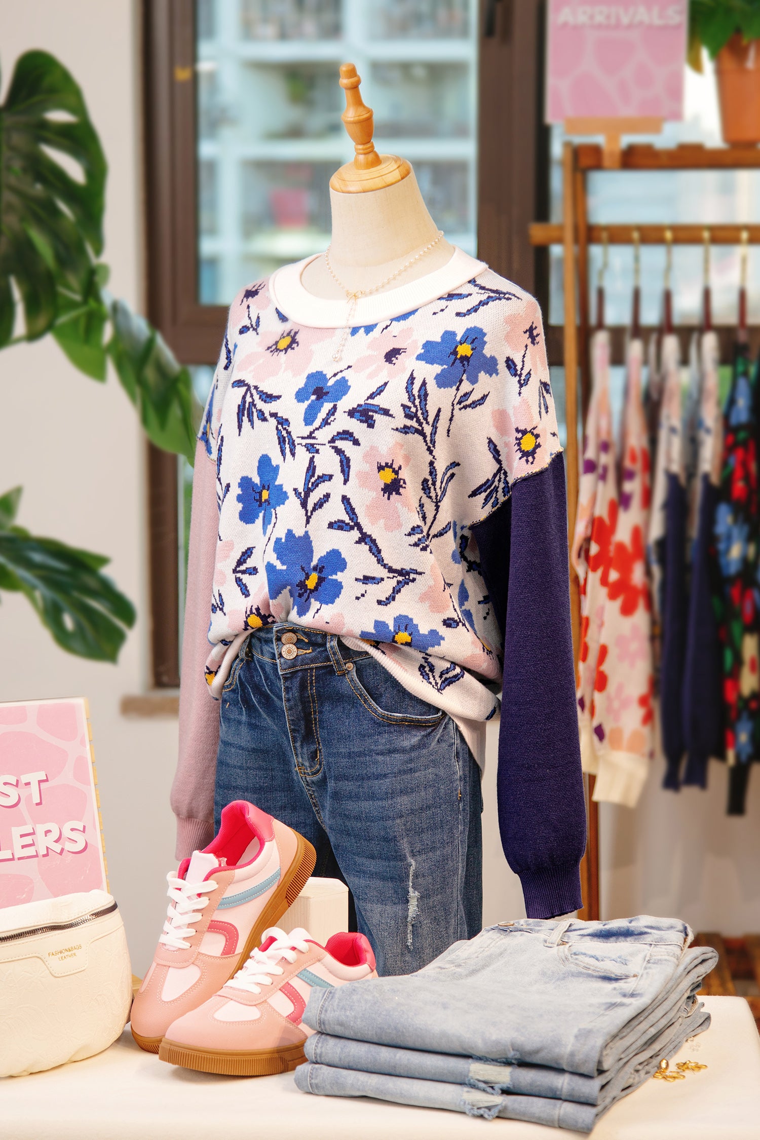 Khaki Vibrant Floral Contrast Colorblock Sleeve Pullover Sweater