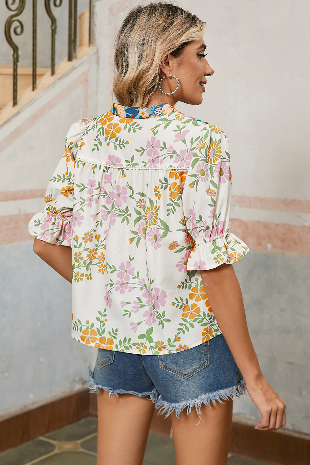 Multicolour Half Sleeve Boho Floral Pop of Color Neckline Blouse