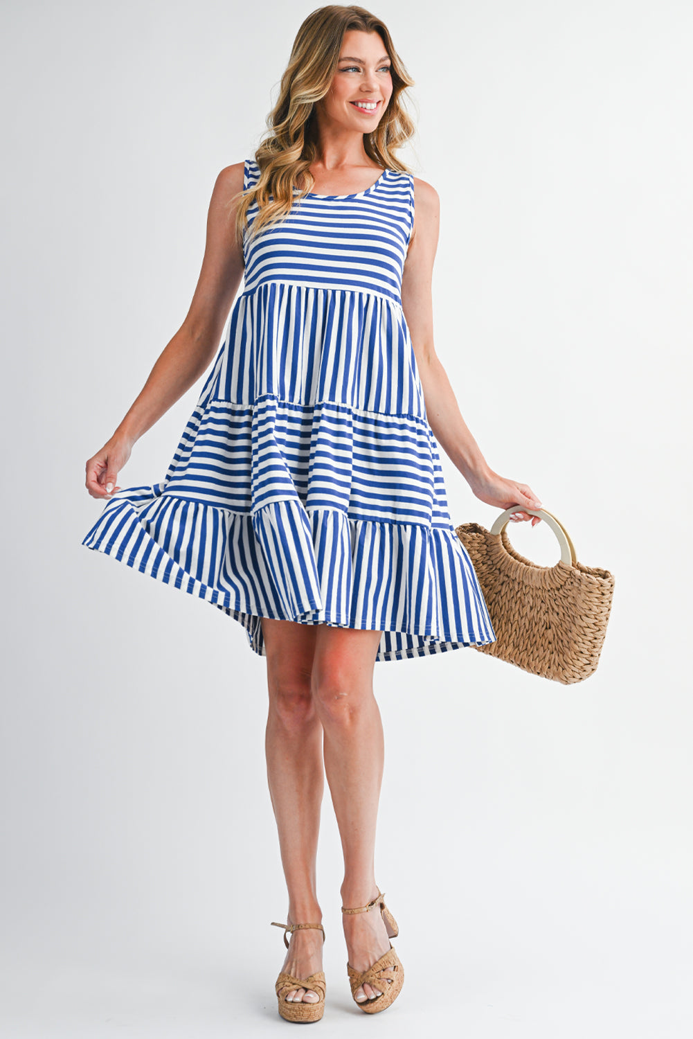 Sky Blue Striped U Neck Sleeveless Loose Fit Mini Dress