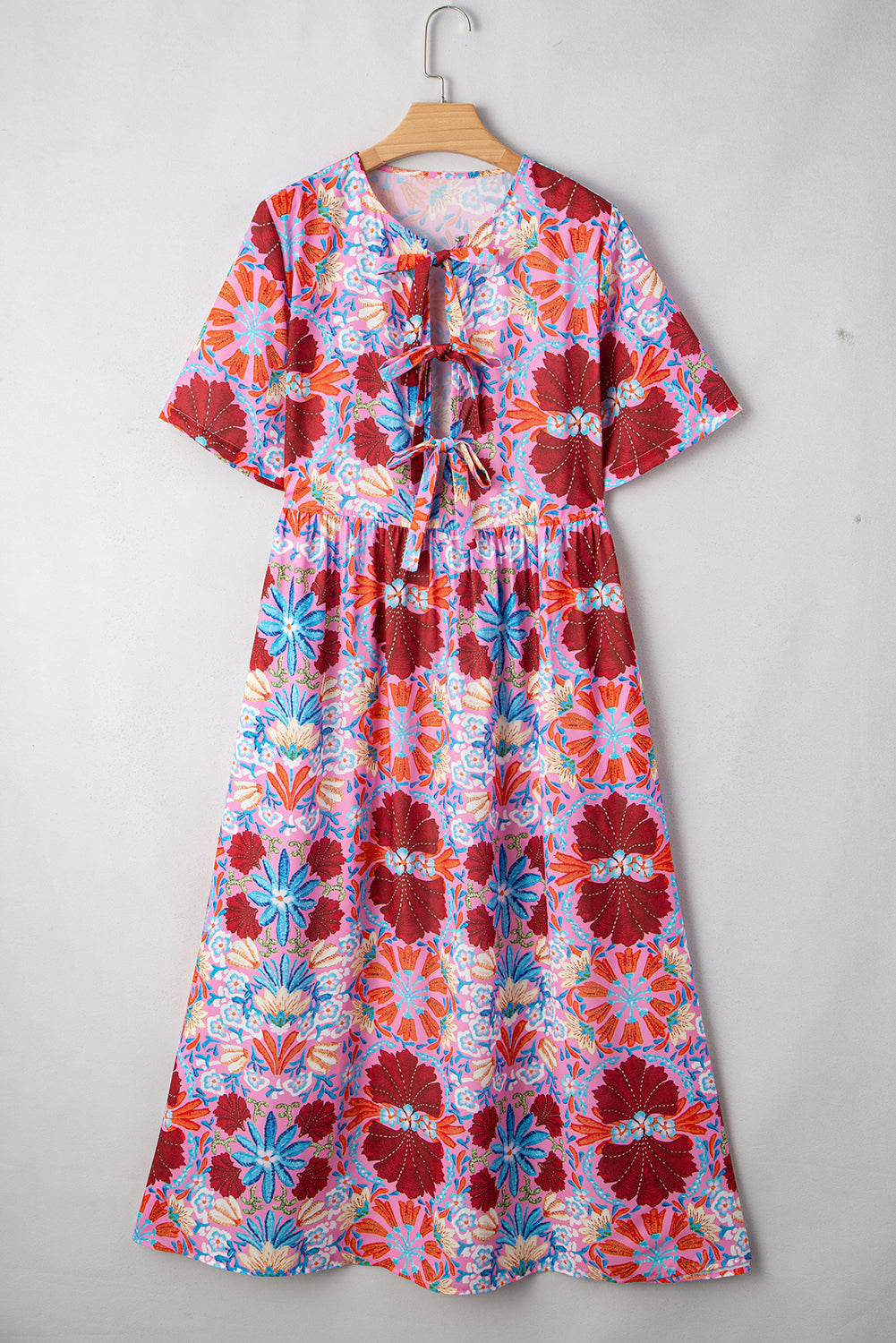 Rose Floral Print Tie Front High Waist Loose Midi Dress