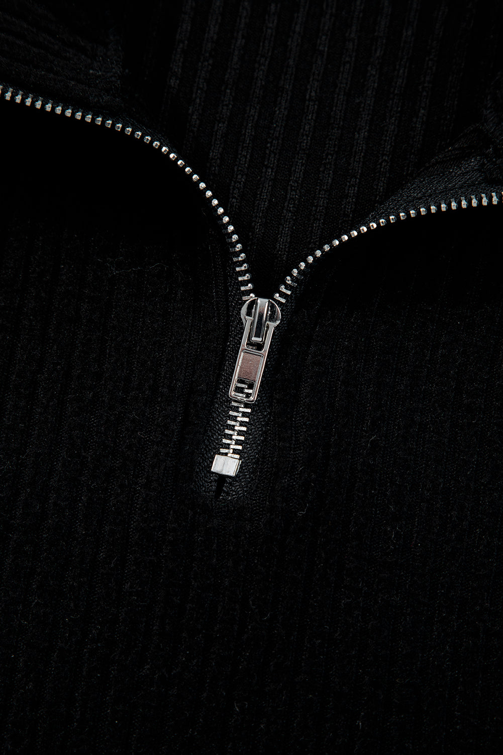 Black Ribbed Zip Neck Drop Shoulder Pullover Bodycon Skirt Set