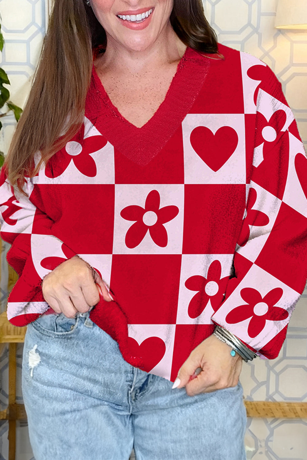 Fiery Red Floral Heart Pattern Plaid V Neck Sweater