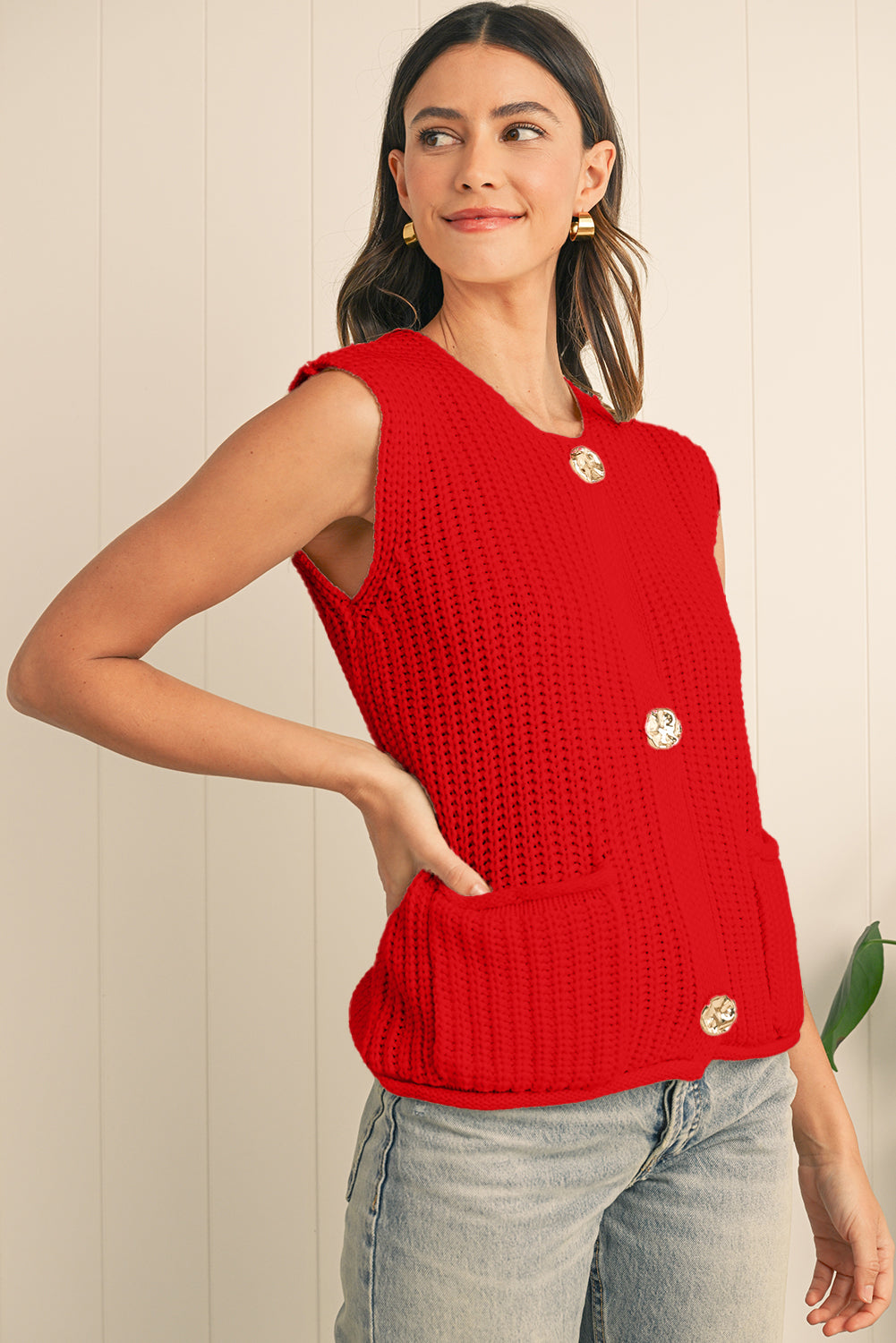 Fiery Red Solid Textured Knit Side Pockets Buttoned Sweater Vest