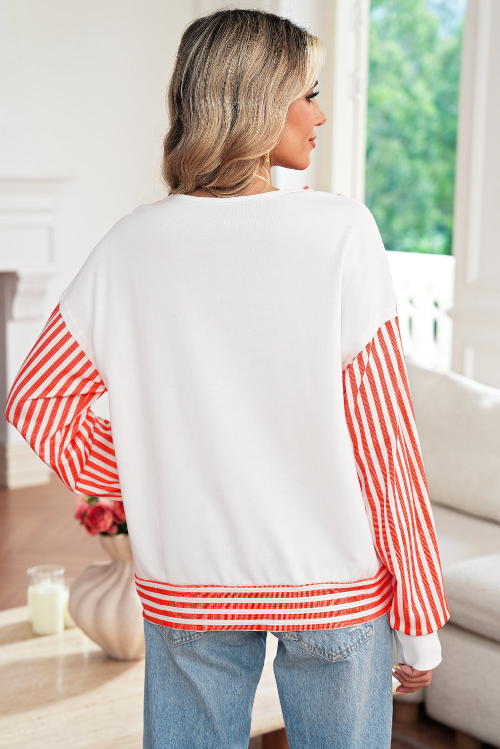 Orange Striped Patchwork Drop Sleeve Pullover Top