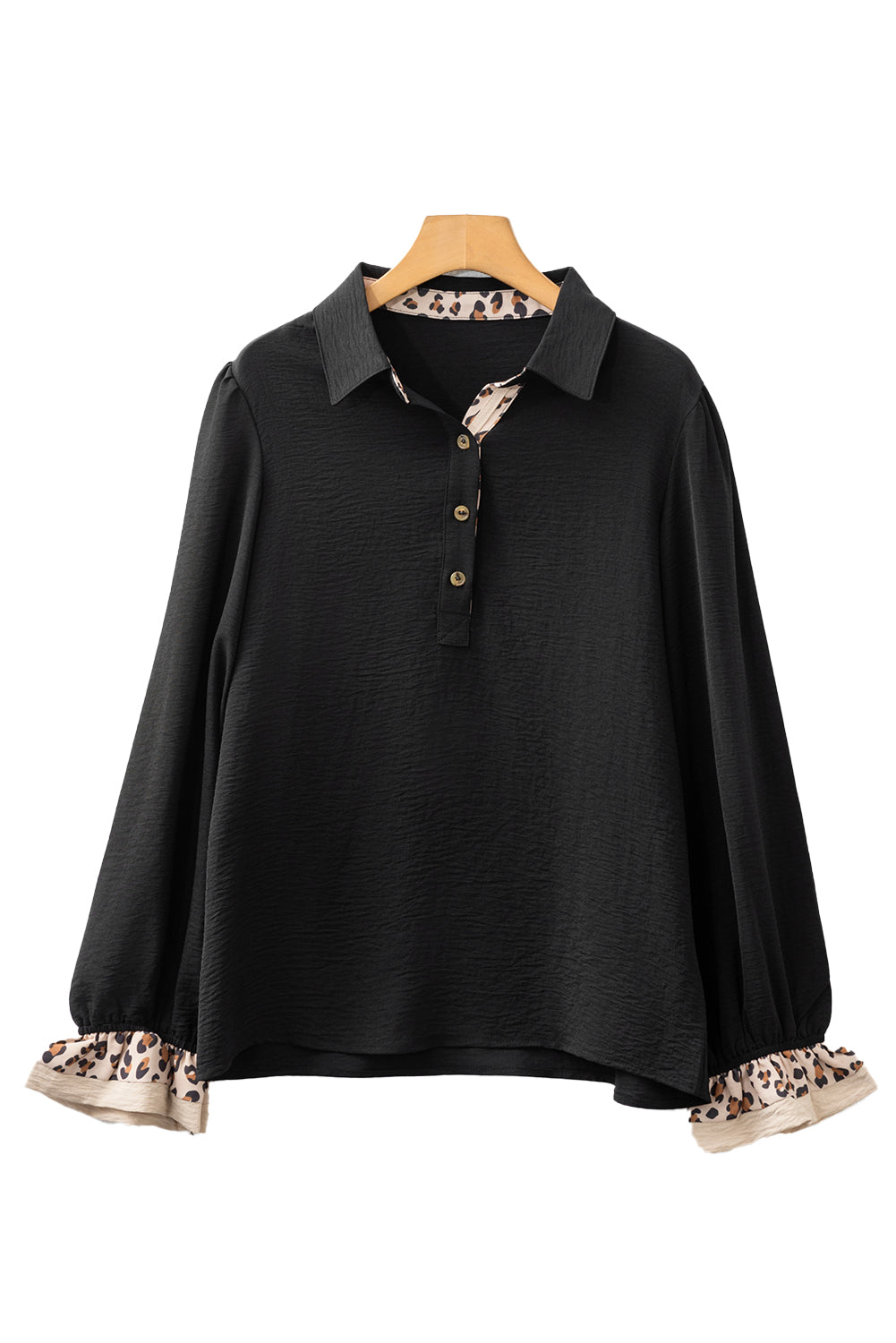 Black Leopard Contrast V Neck Long Sleeve Blouse