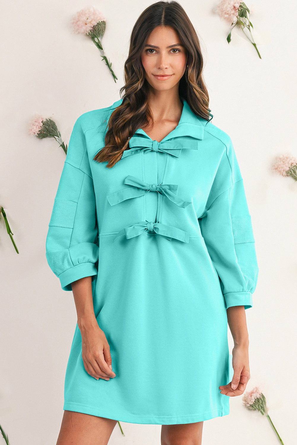 Moonlight Jade Bow Front Patchwork Bracelet Sleeve Mini Dress