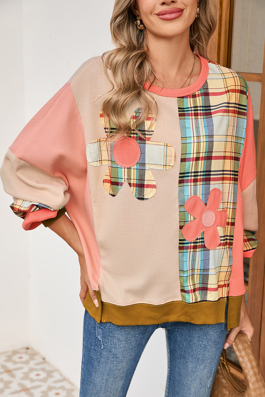 Multicolor Plaid Flower Patchwork Waffle Drop Shoulder Loose Top