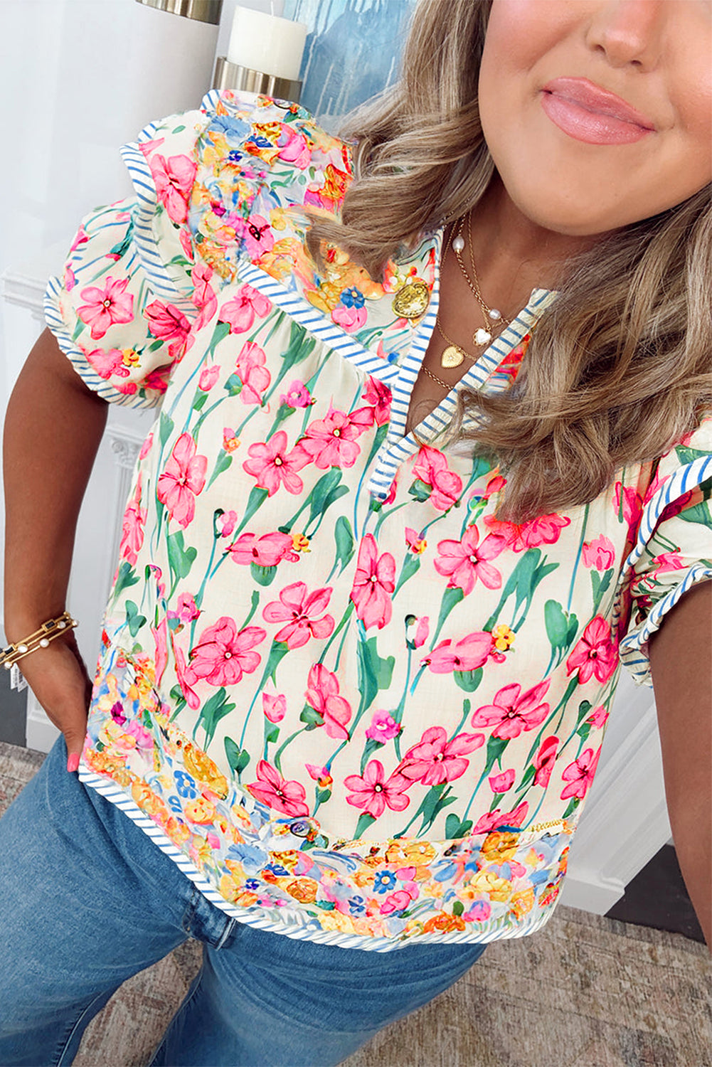 Pink Plus Size Floral Print Striped Trim V Neck Blouse