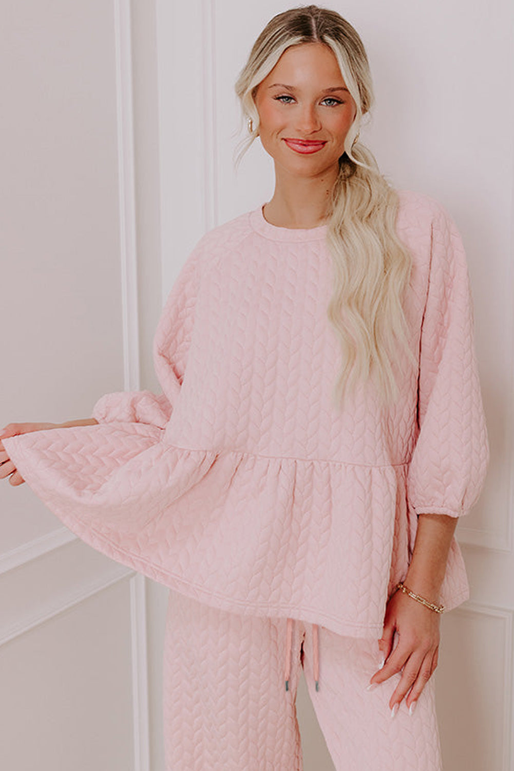 Delicacy Braided Texture Ruffle Hem Top Drawstring Loose Pants Set