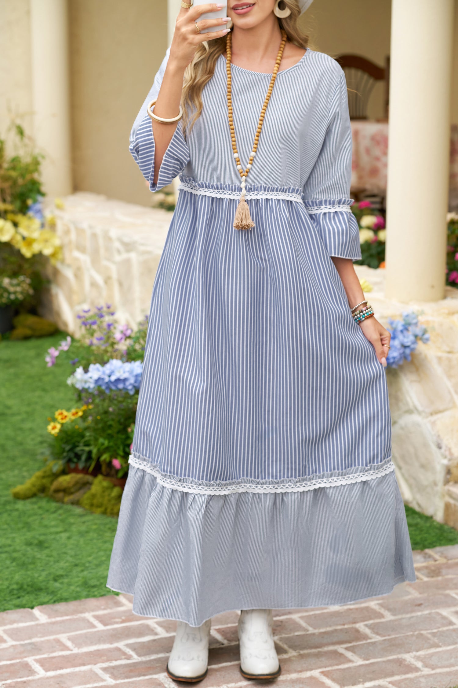 Sky Blue Stripe Patchwork Lace Detail Bracelet Sleeve Maxi Dress