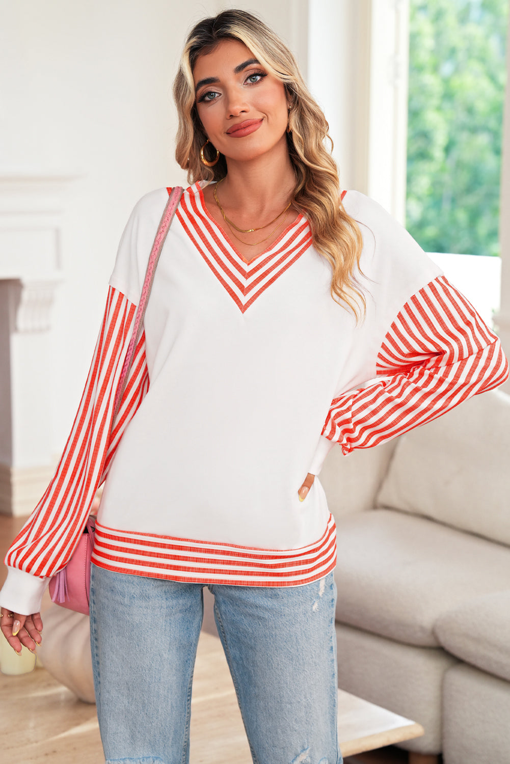 Orange Striped Patchwork Drop Sleeve Pullover Top