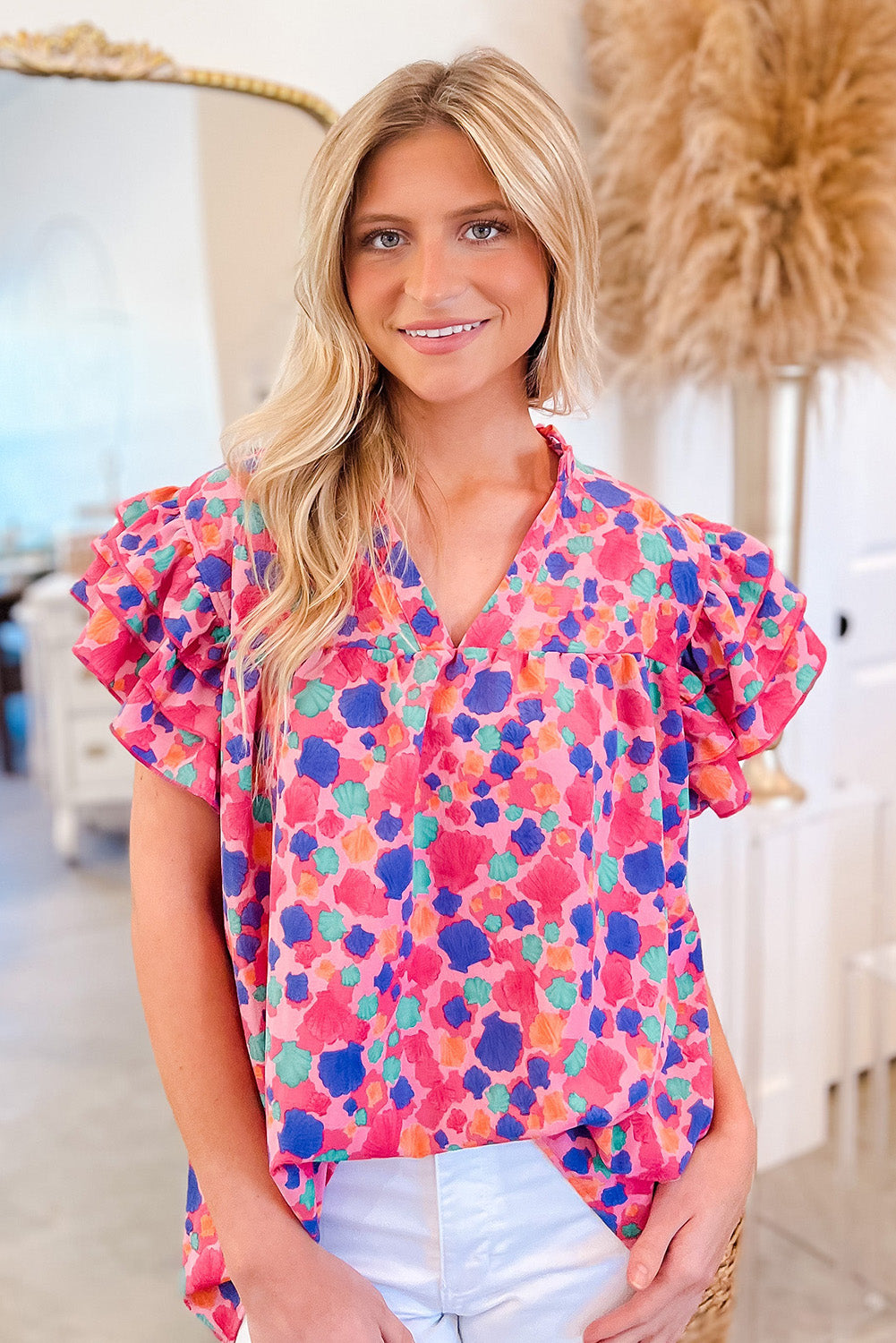 Rose Red Abstract Print Ruffle Sleeve V Neck Blouse