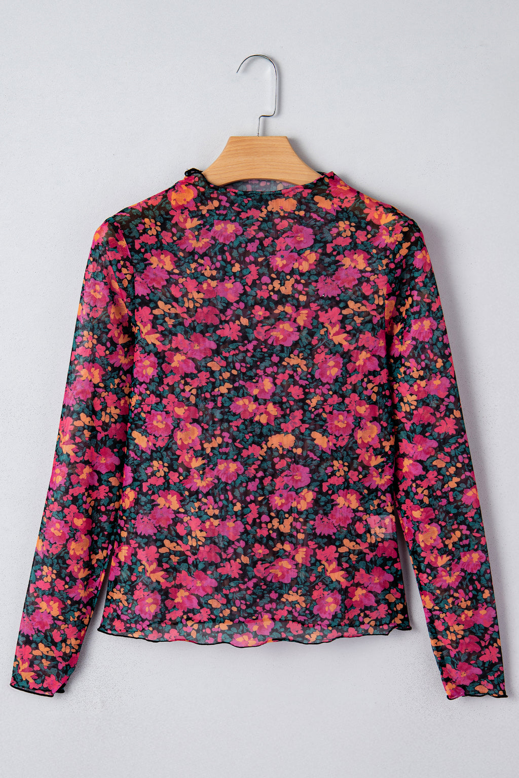 Rose Slim Fit Floral Mesh Long Sleeve Mock Neck Top