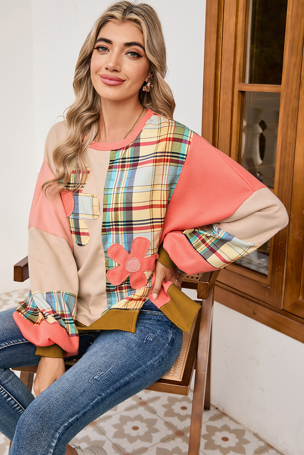 Multicolor Plaid Flower Patchwork Waffle Drop Shoulder Loose Top