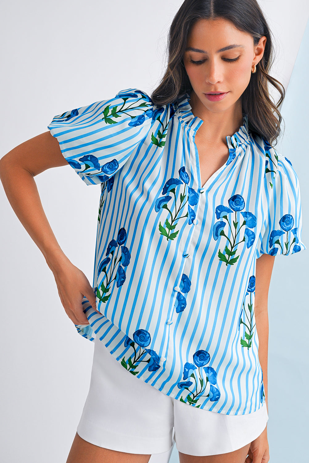 Sky Blue Stripe Boho Floral Print Frill V Neck Puff Sleeve Blouse