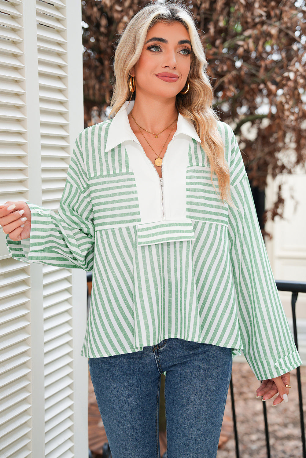 Green Striped Zipper Collar Long Sleeve Top