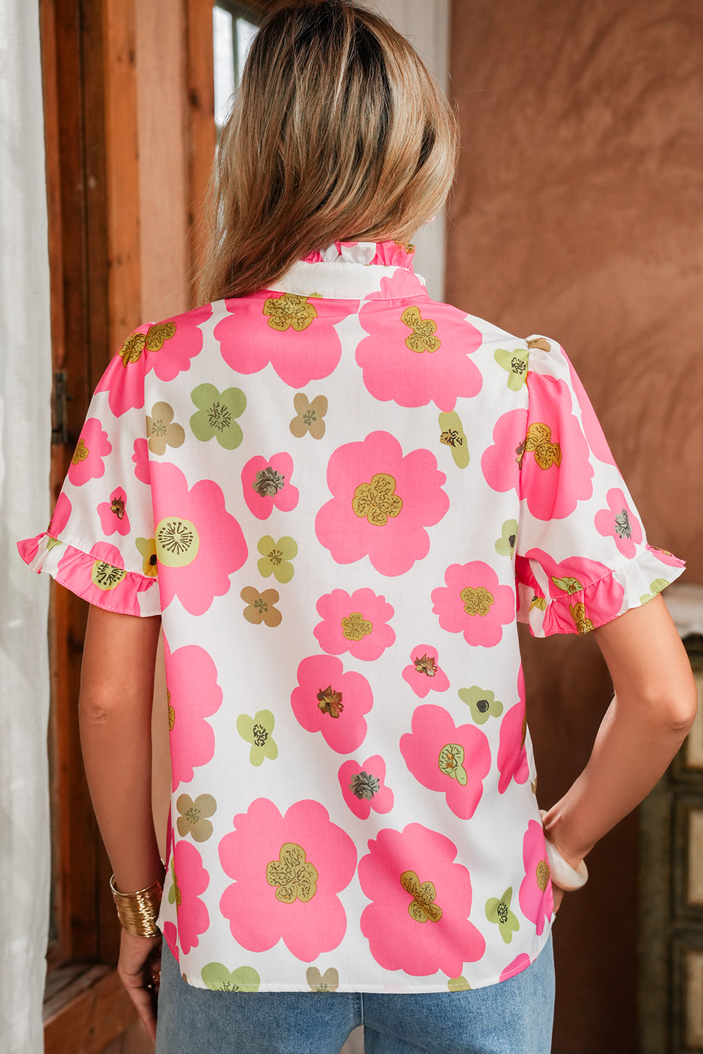 Pink Floral Ruffle Sleeve Striped Button Collar Blouse