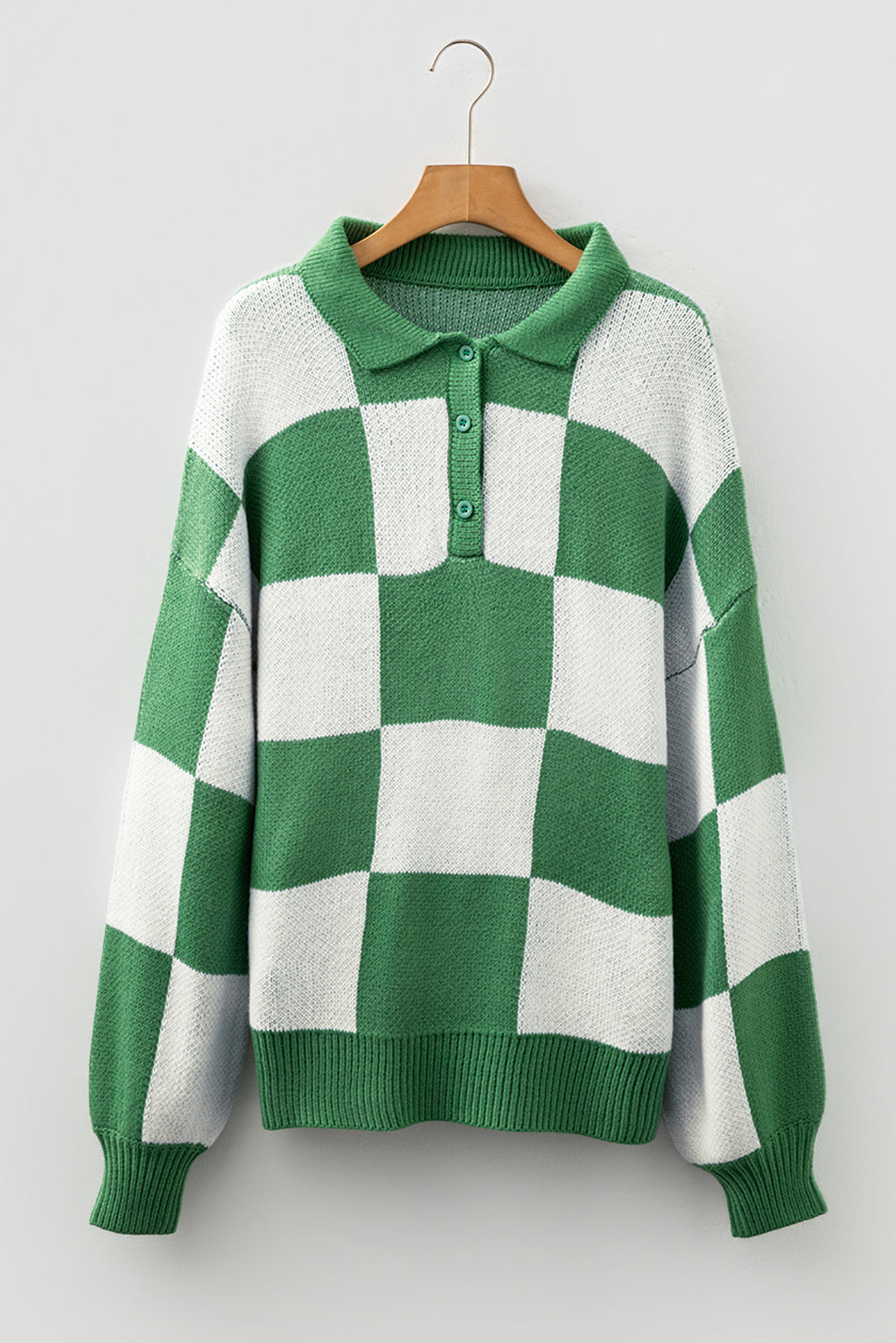 Mist Green Checkered V-Neck Collared Pullover Sweater