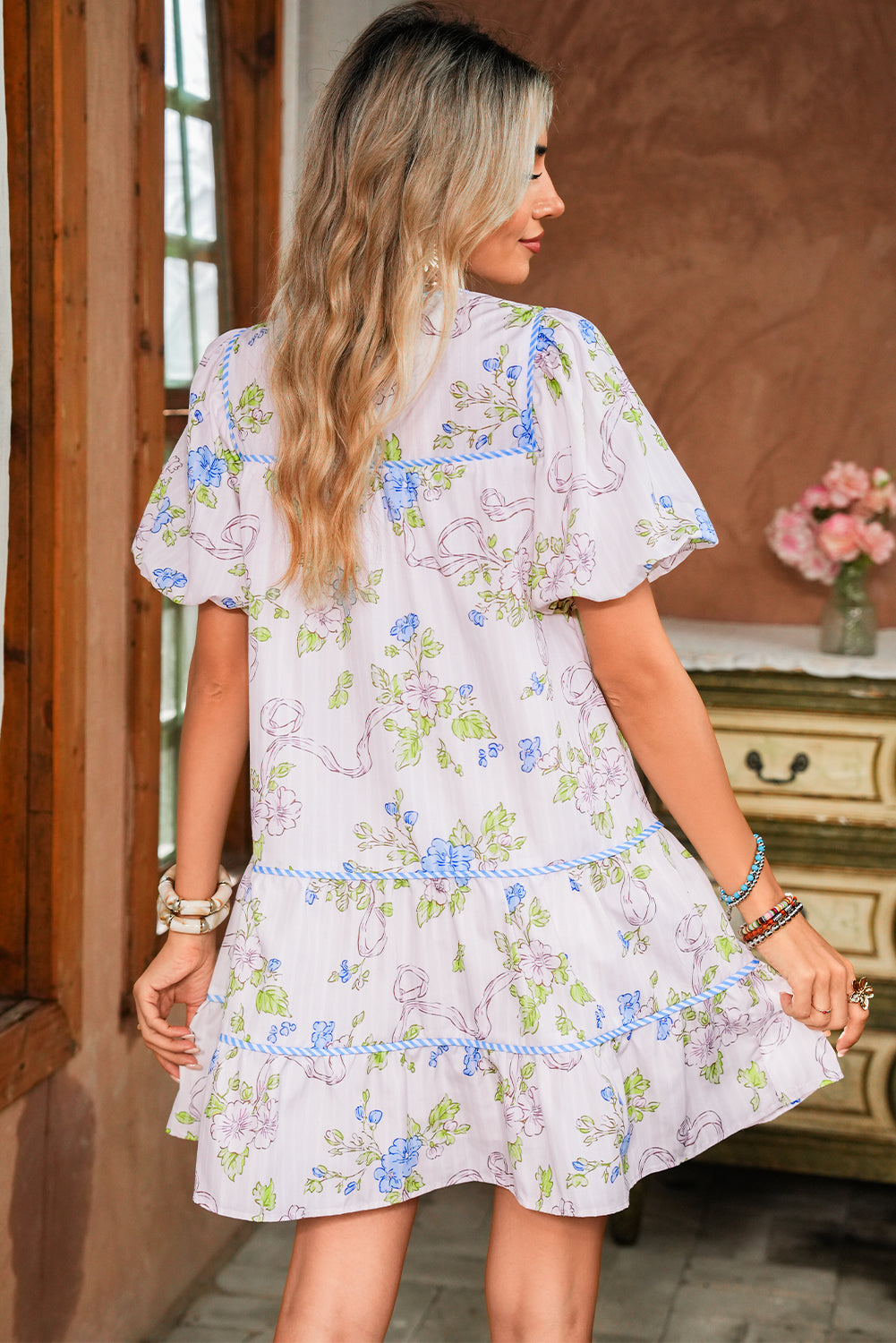 Pink Floral Striped Print Contrast Trim Tie Split Neck Mini Dress