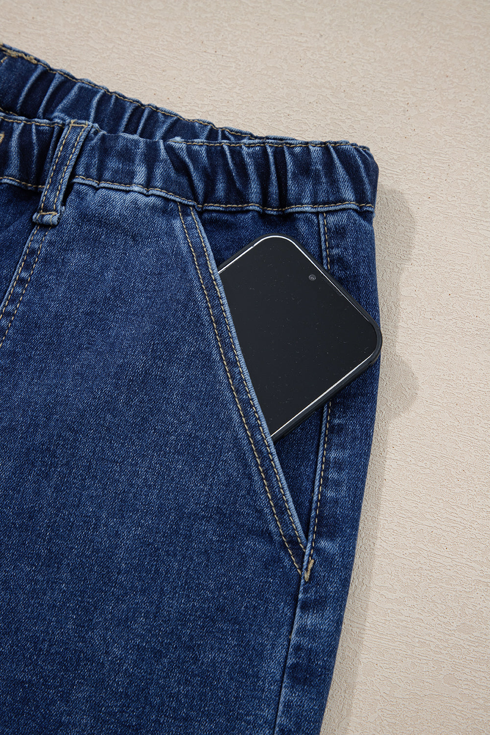 Prussian Blue Drawstring Seam Detail Raw Hem Wide Leg Jeans