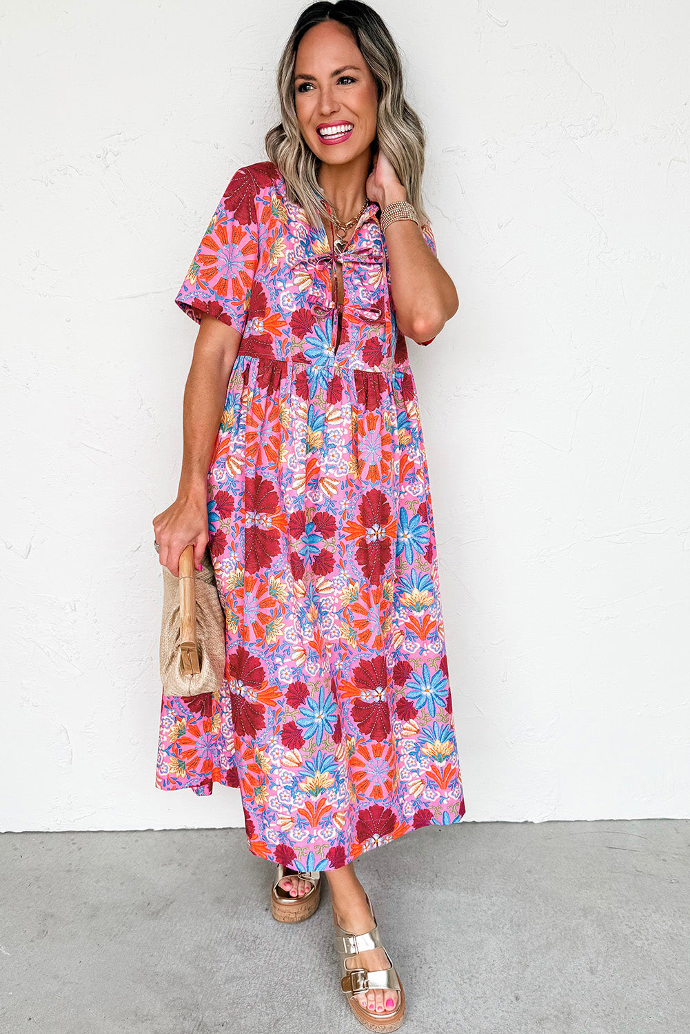 Rose Floral Print Tie Front High Waist Loose Midi Dress