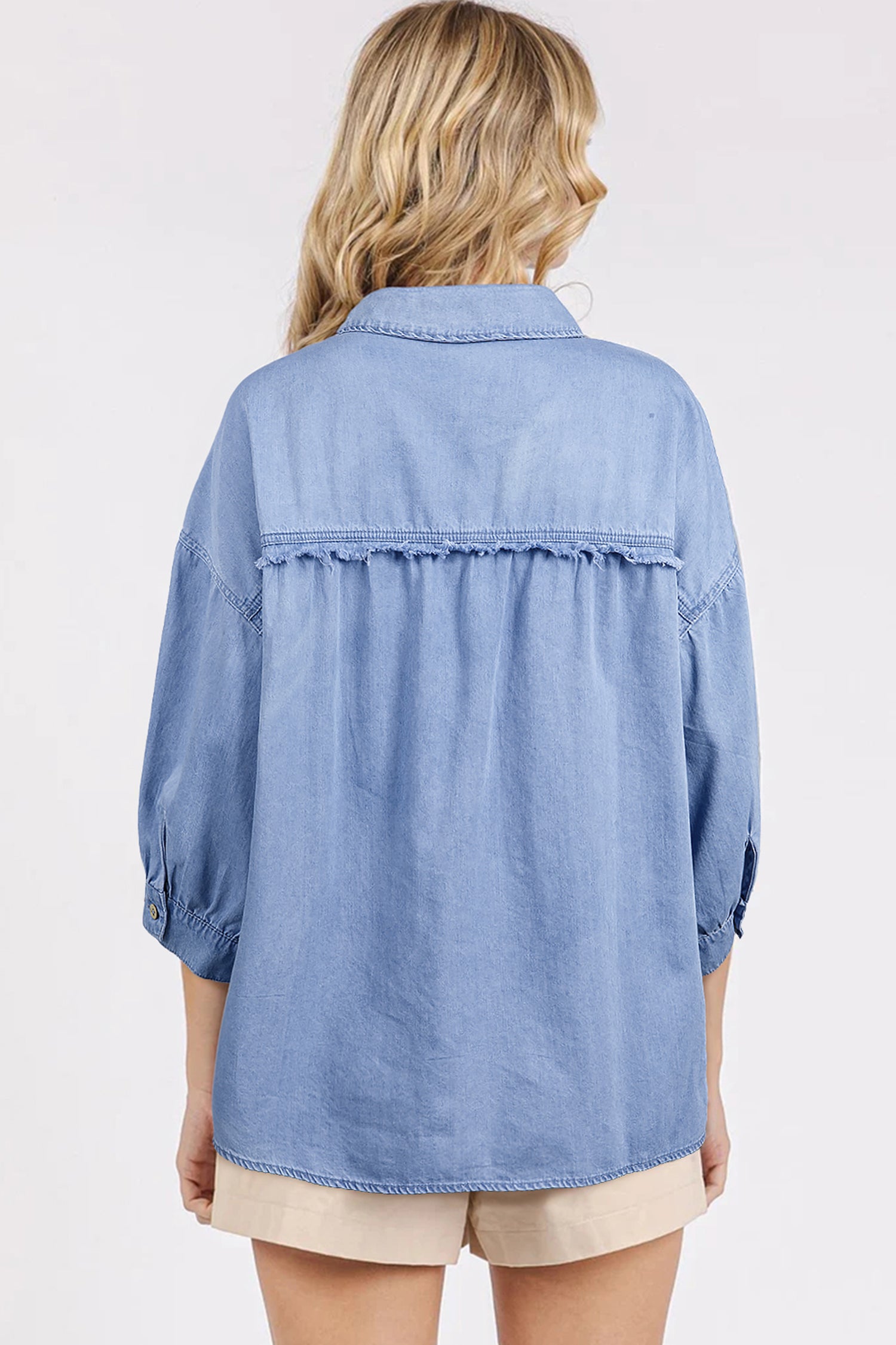 Myosotis Washed Drop Shoulder Bracelet Sleeve Chambray Shirt