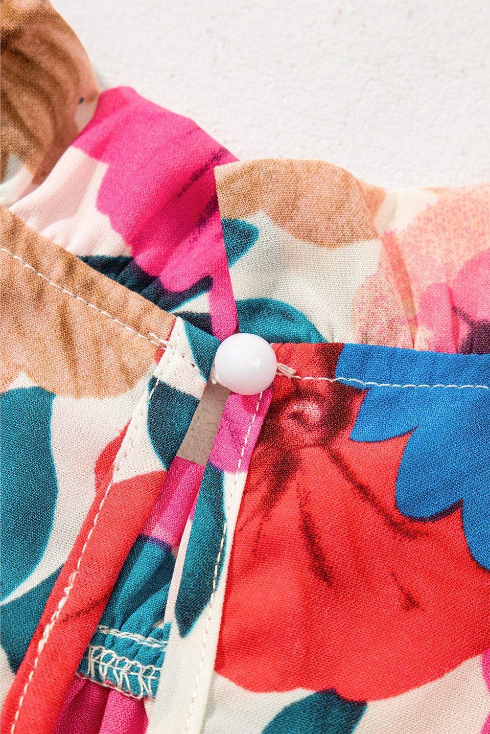 Sky Blue Floral Mock Neck Striped Ruffle Blouse