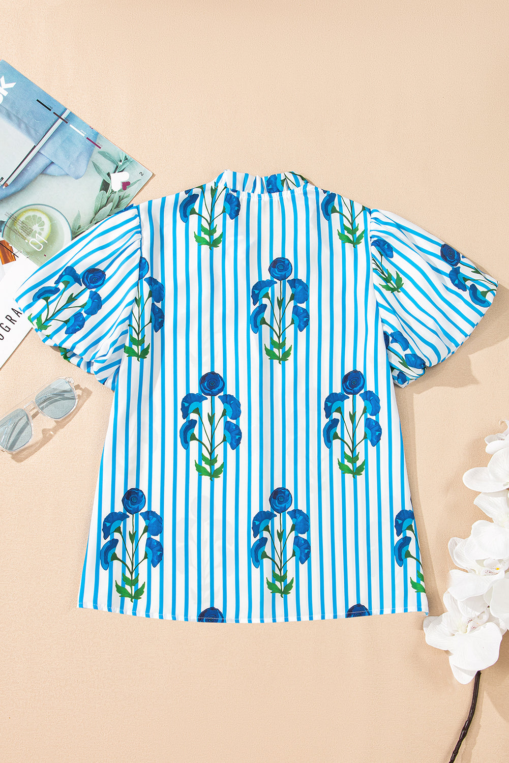 Sky Blue Stripe Boho Floral Print Frill V Neck Puff Sleeve Blouse