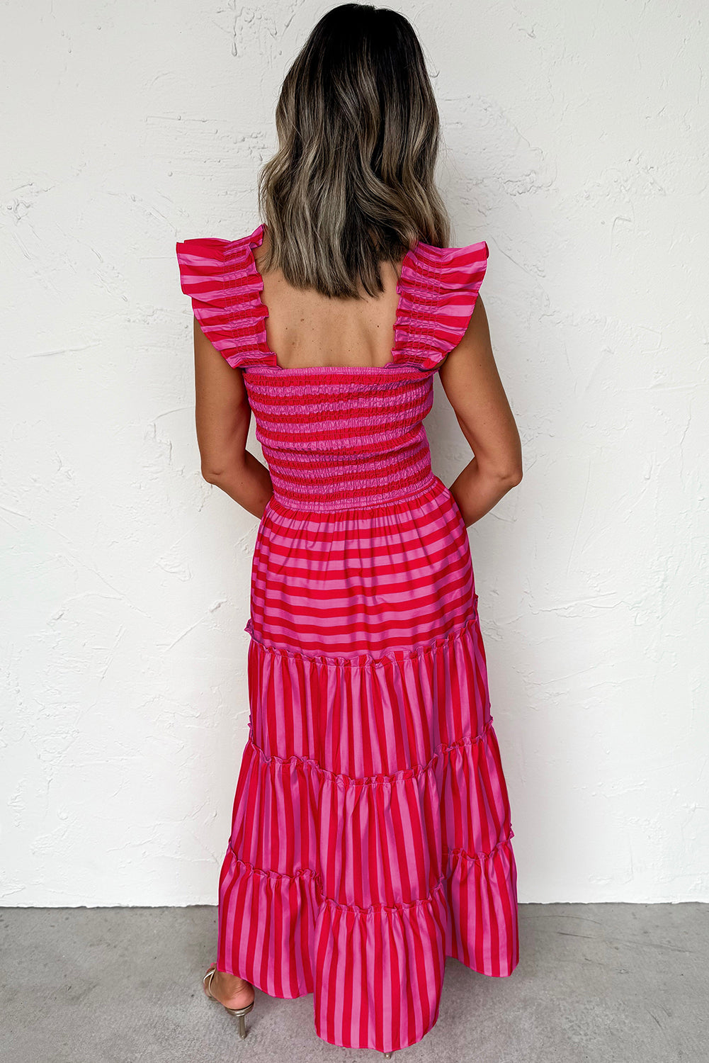 Rose Stripe Ruffle Strap Shirred Bodice Tiered Maxi Dress