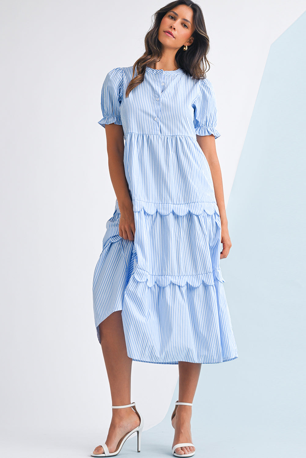 Sky Blue Stripe Bubble Sleeve Scallop Tiered Dress