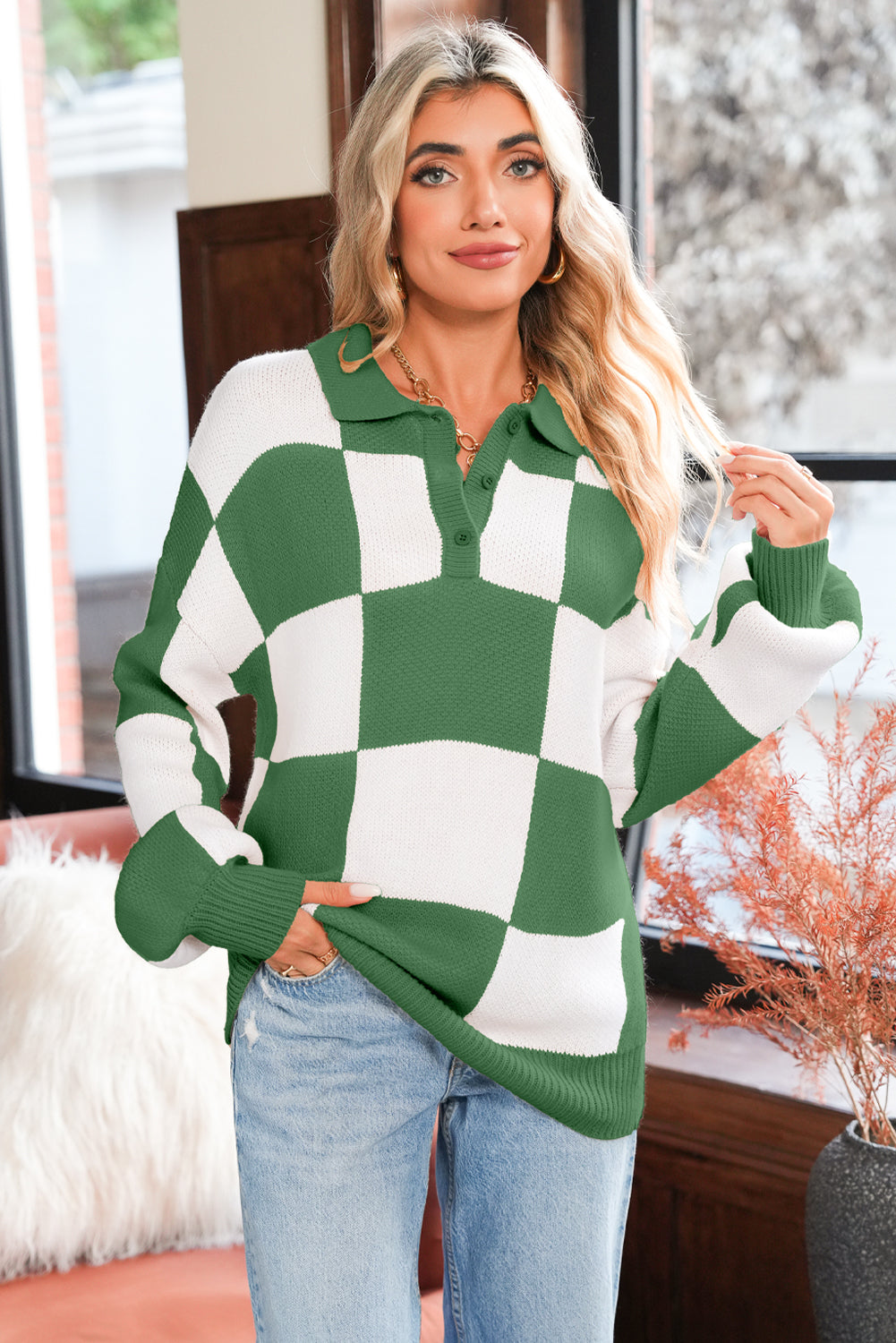 Mist Green Checkered V-Neck Collared Pullover Sweater