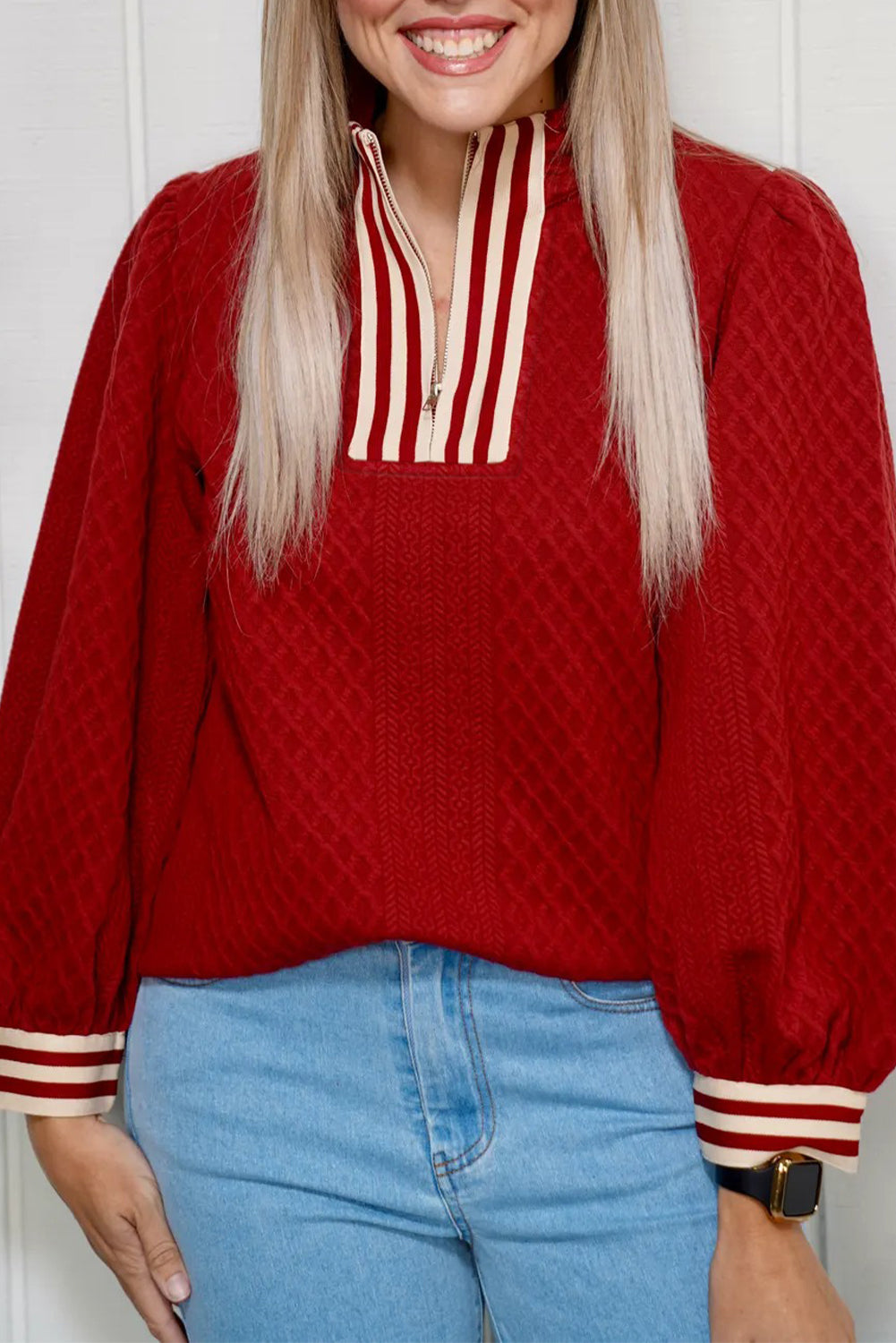 Racing Red Rhombus Textured Striped Patchwork Zip Neck Pullover Sweatshirt