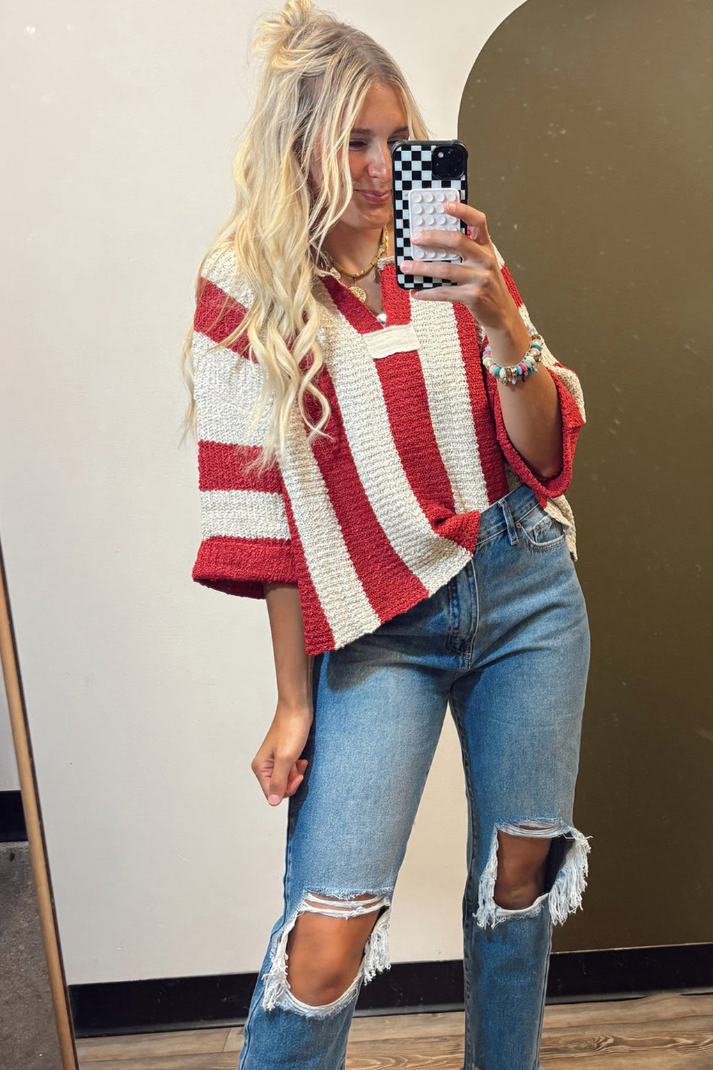 Red Stripe Colorblock V Neck Bracelet Sleeve Sweater