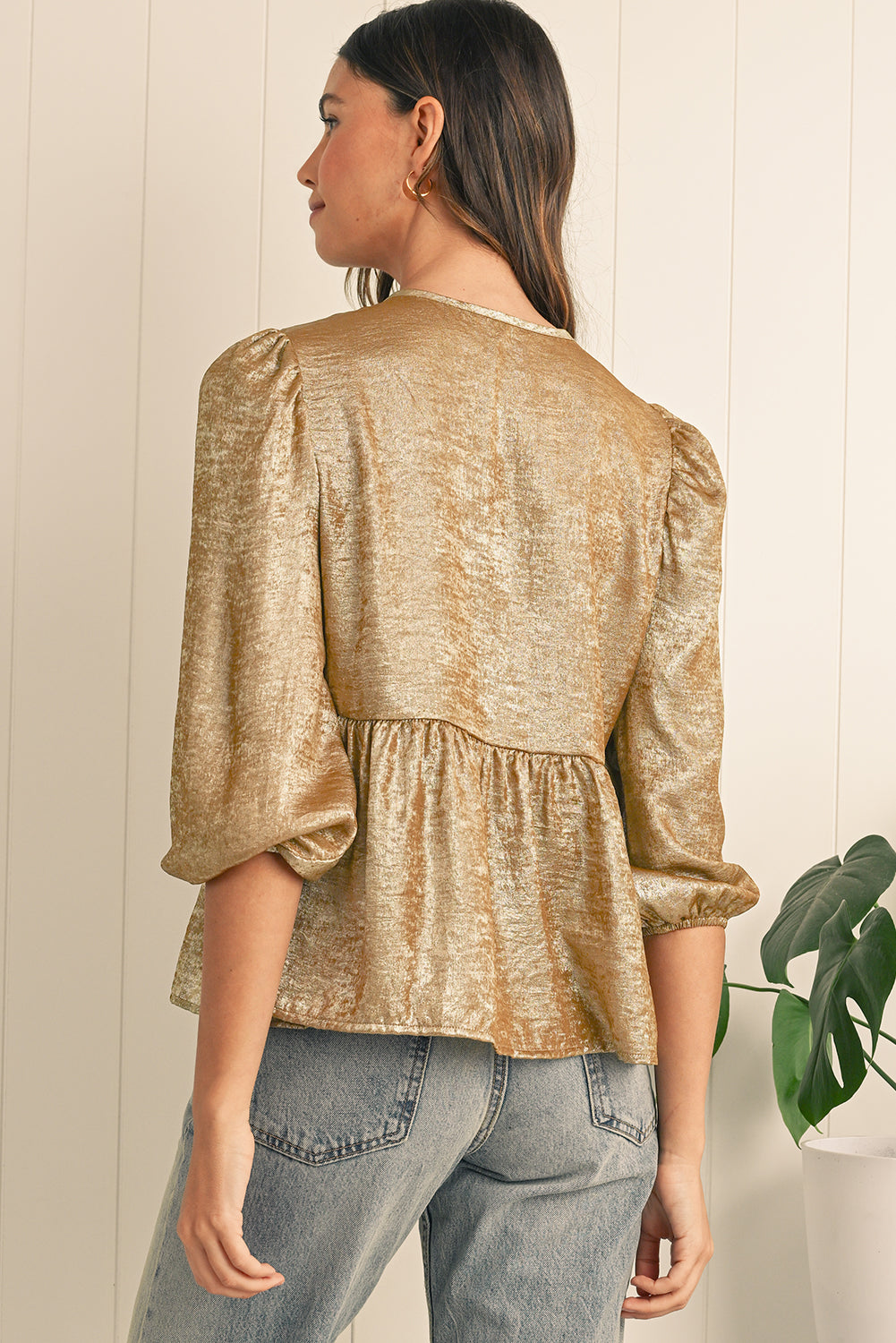 Gold Solid Color Bowknot Front Puff Sleeve Blouse