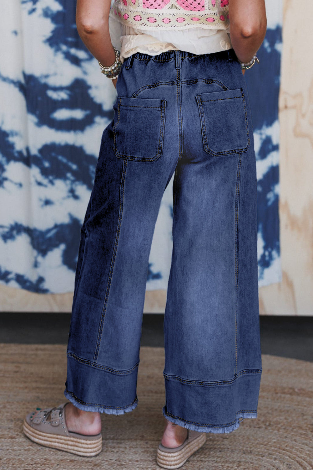 Prussian Blue Drawstring Seam Detail Raw Hem Wide Leg Jeans