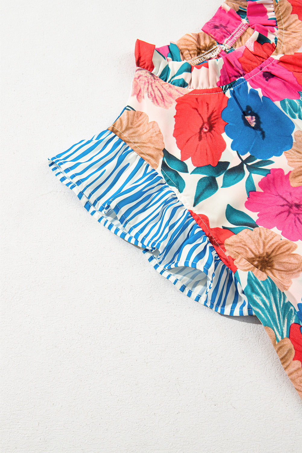 Sky Blue Floral Mock Neck Striped Ruffle Blouse