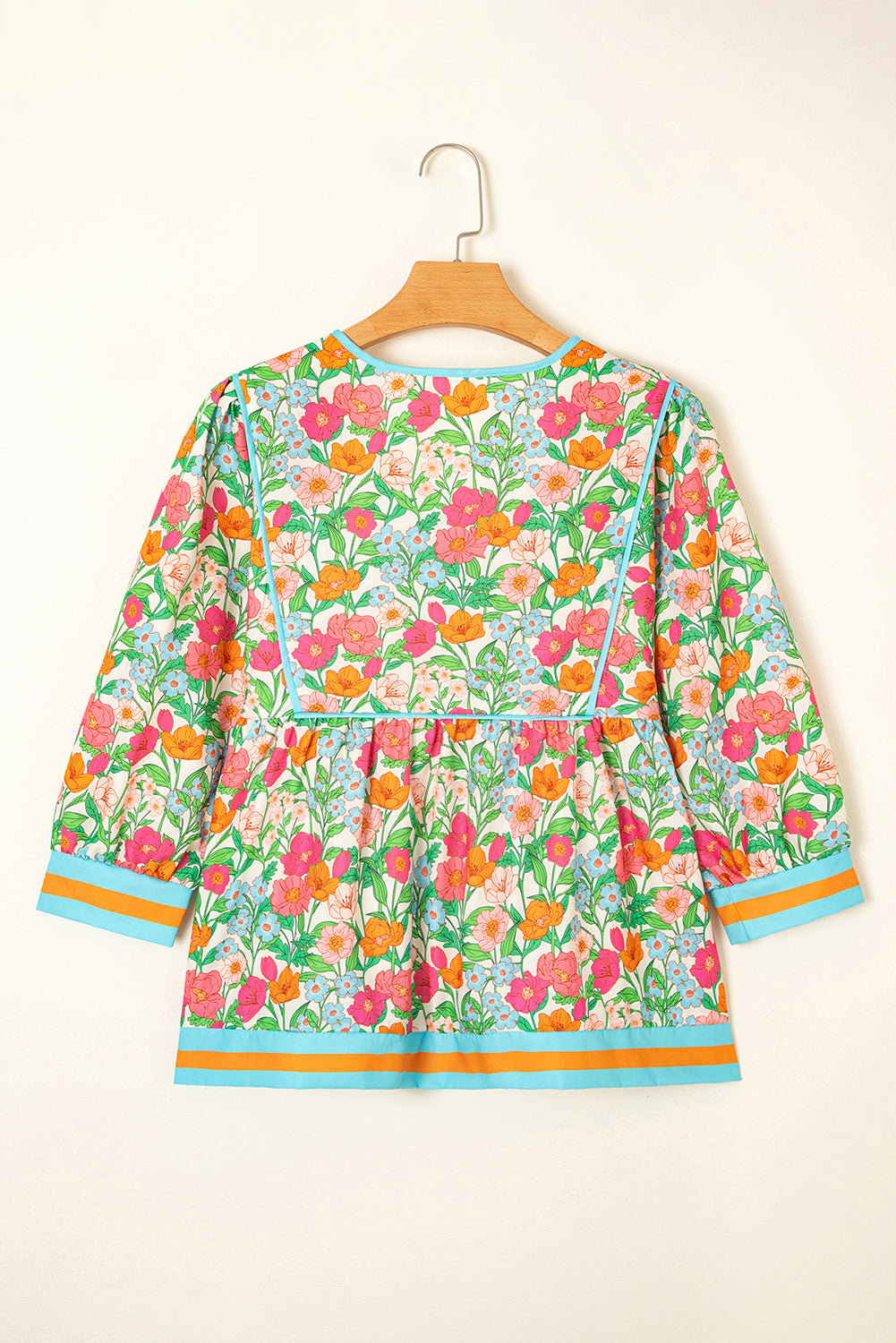 Green Floral Print Striped Trim Puff Sleeve Babydoll Blouse