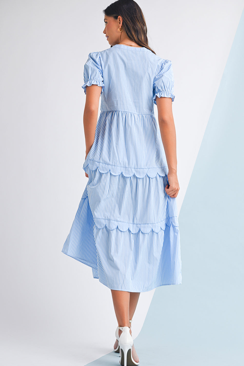 Sky Blue Stripe Bubble Sleeve Scallop Tiered Dress