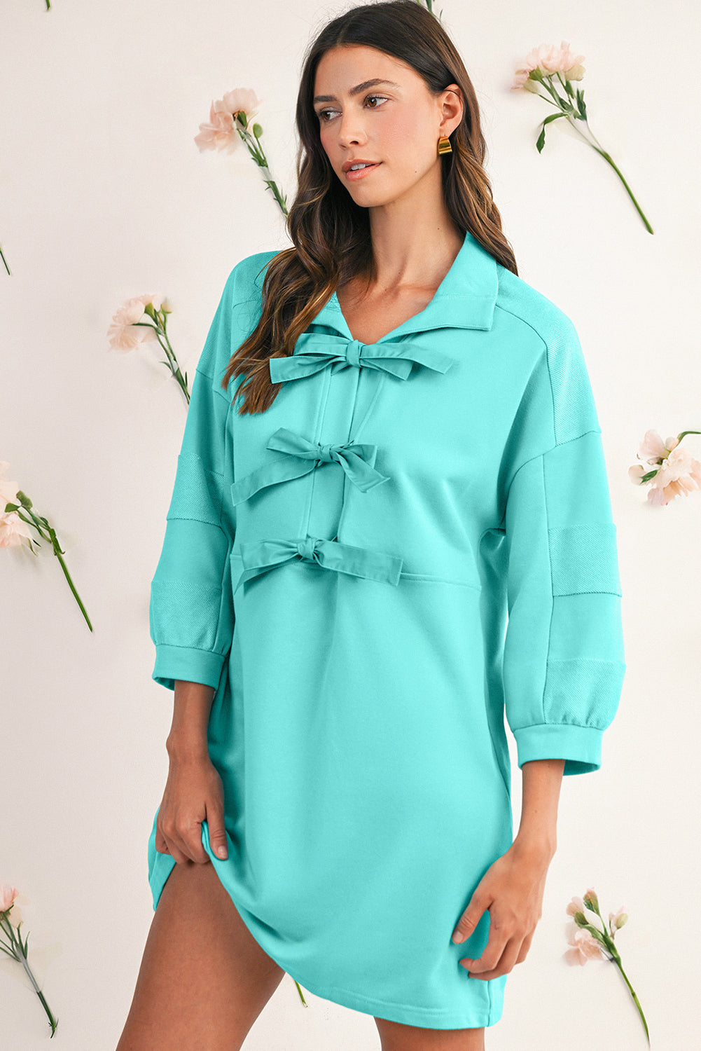 Moonlight Jade Bow Front Patchwork Bracelet Sleeve Mini Dress