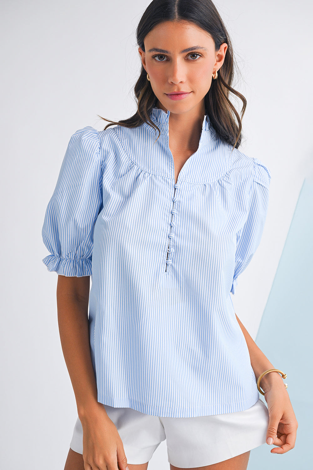 Sky Blue Striped Frill Neck Puff Sleeve Blouse