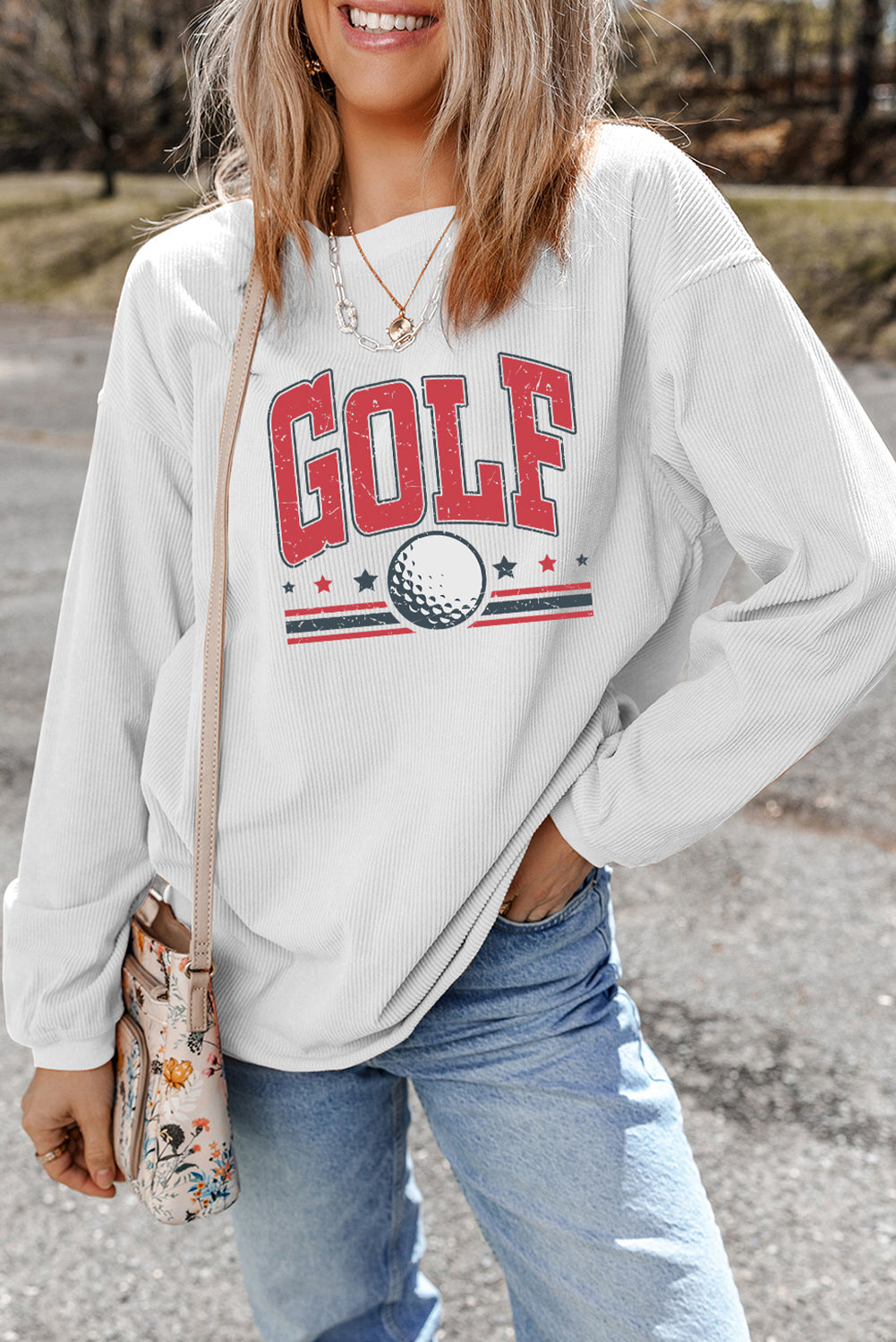 White GOLF Ball Heat Transfer Printing Ribbed Sweatshirt