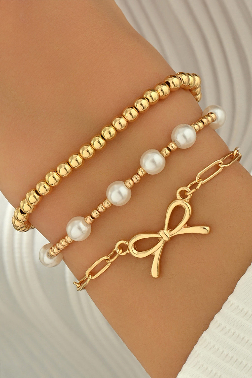 Gold Pearl Bead Bow Charm Layered Bracelet Set