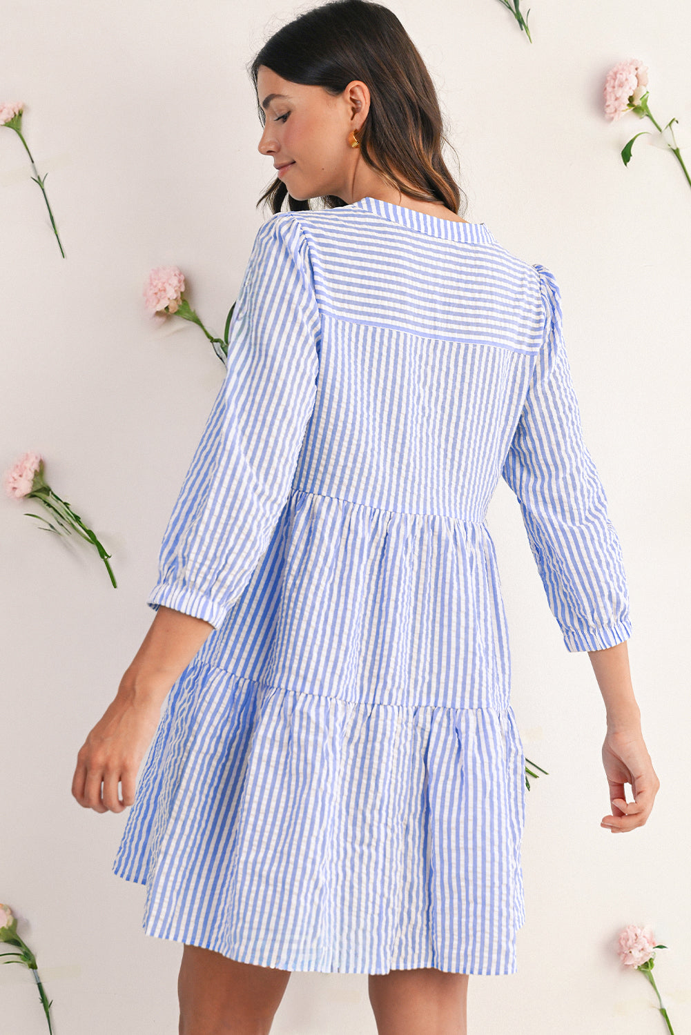 Sky Blue Striped Textured Bracelet Sleeve Tiered Mini Dress